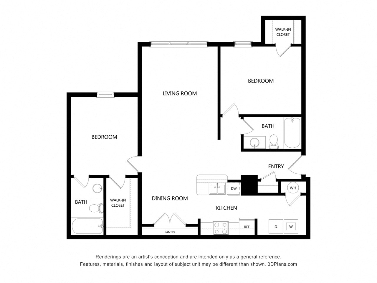 Floor plan for 2 beds, 2 baths, 1086 sqft